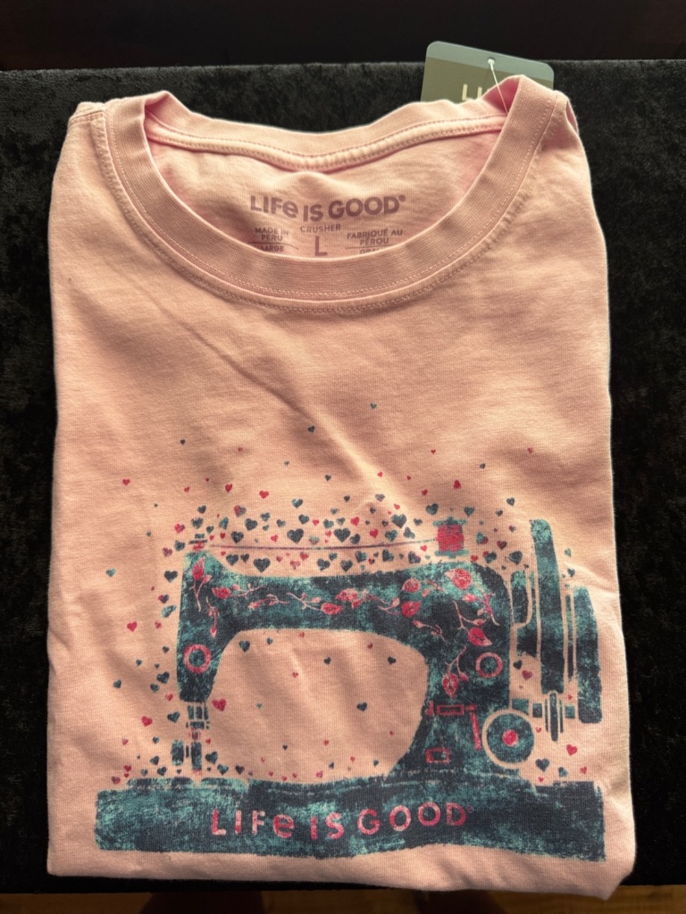 Life Is Good Pink Tee with Navy Sewing Machine and Heart Accents